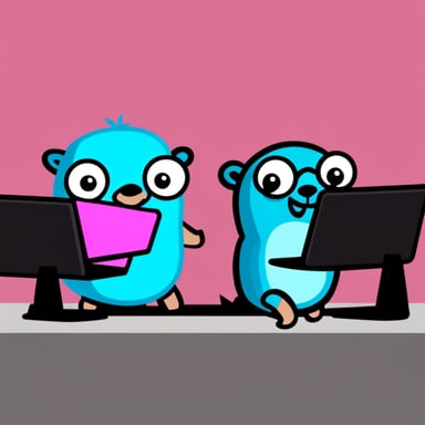 Go Blue Gopher and Pink Gopher writing computer programs.