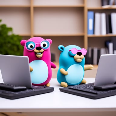 Go Blue Gopher and Pink Gopher are sitting at a desk with laptops, writing computer programs.