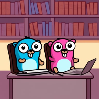 Go Blue Gopher and Pink Gopher are sitting at a desk with laptops, writing computer programs.