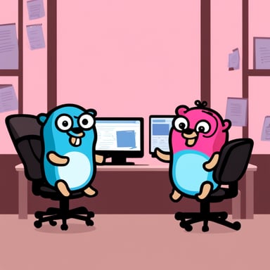 Go Blue Gopher and Pink Gopher are sitting at a desk with laptops, writing computer programs.