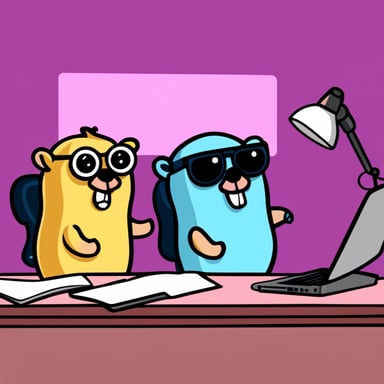Go Blue Gopher and Pink Gopher are sitting at a desk with laptops, writing computer programs.