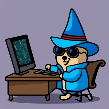 A go blue gopher wearing a pointy magician hat is writing code on a computer with a CRT monitor.