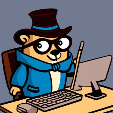 A go blue gopher wearing a pointy magician hat is writing code on a computer with a CRT monitor.