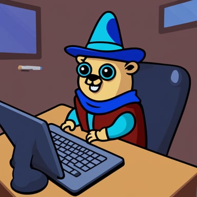 A go blue gopher wearing a pointy magician hat is writing code on a computer with a CRT monitor.