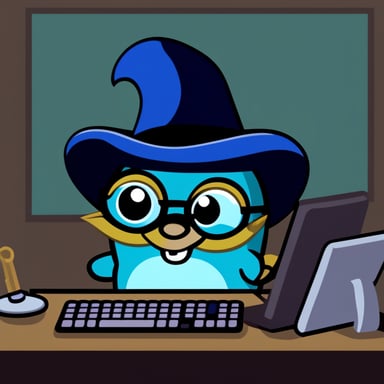 A go blue gopher wearing a pointy magician hat is writing code on a computer with a CRT monitor.