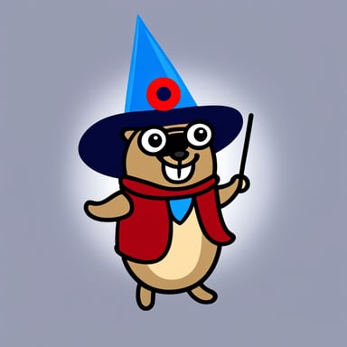 A go blue gopher wearing a red pointy magician hat in a white background.