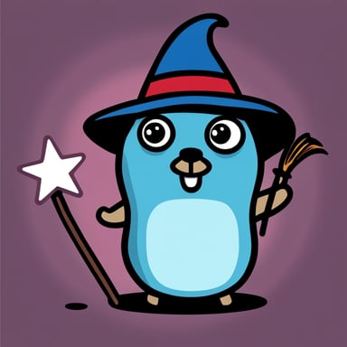 A go blue gopher wearing a red wizard hat casting a spell with a star wand.