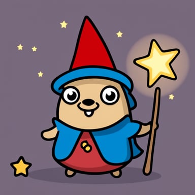 A go blue gopher wearing a red wizard hat casting a spell with a star wand.