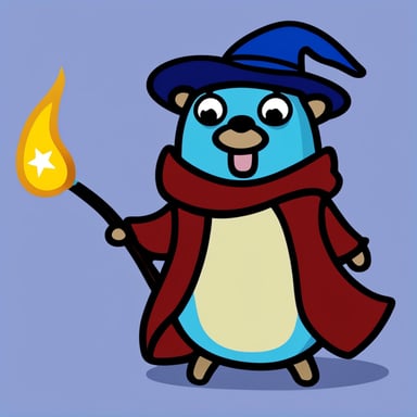 A go blue gopher wearing a red wizard hat casting a spell with a star wand.