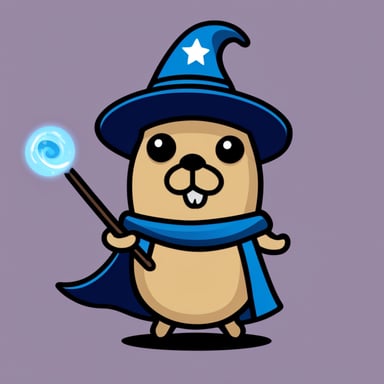 A go blue gopher wearing a red wizard hat casting a spell with a star wand.