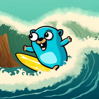 Go Blue Gopher surfing a big wave made out of IP packets.