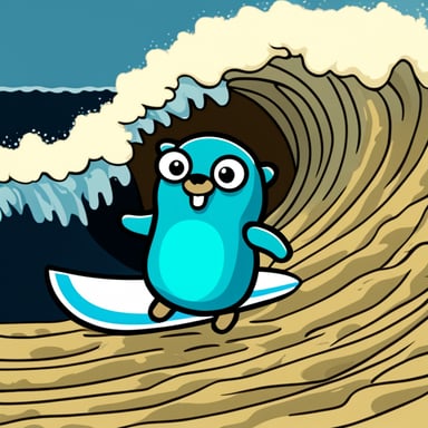Go Blue Gopher surfing a big wave made out of IP packets.
