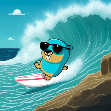 Go Blue Gopher surfing a big wave made out of IP packets.