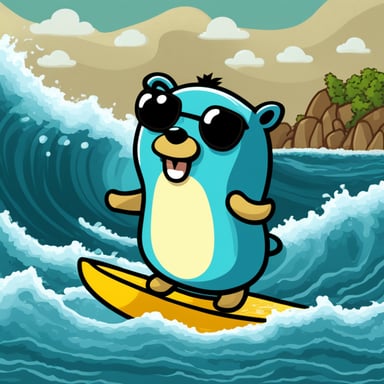 Go Blue Gopher surfing a big wave made out of IP packets.