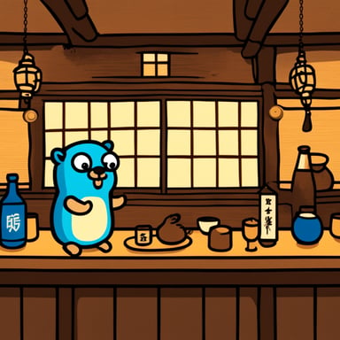 Go Blue Gopher sitting in a Japanese izakaya drinking sake.