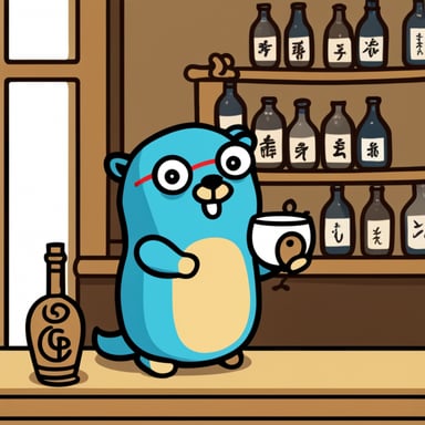 Go Blue Gopher sitting in a Japanese izakaya drinking sake.