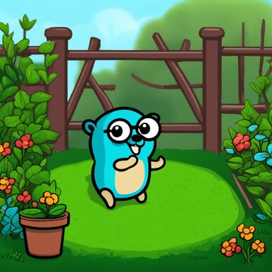Go Blue Gopher as a DevSecOps Neovim fan in a garden.