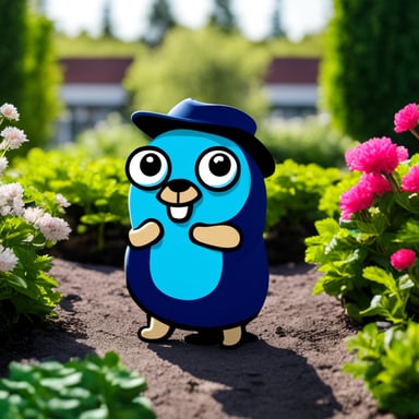 Go Blue Gopher as a DevSecOps Neovim fan in a garden.