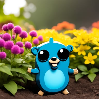 Go Blue Gopher as a DevSecOps Neovim fan in a garden.