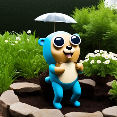 Go Blue Gopher as a DevSecOps Neovim fan in a garden.