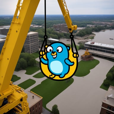 Go Blue Gopher swinging on a tower crane.