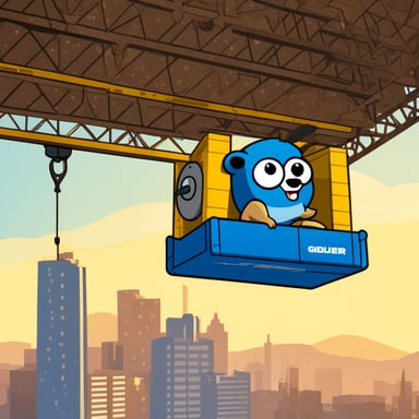 Draw Go Blue Gopher hanging from a Liebherr tower crane.