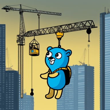 Draw Go Blue Gopher hanging from a Liebherr tower crane.