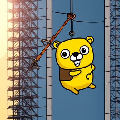 Draw Go Blue Gopher hanging from a Liebherr tower crane.