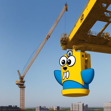 Draw Go Blue Gopher hanging from a Liebherr tower crane.
