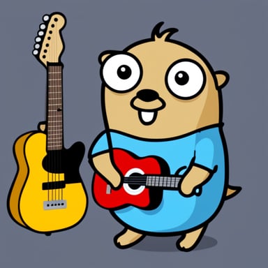 Go Blue Gopher holding a Telecaster guitar.
