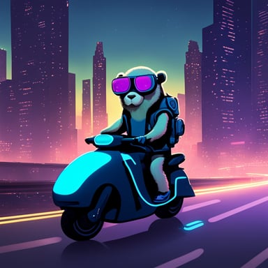 A go blue gopher in a cyberpunk city, riding a neon-lit hoverbike.