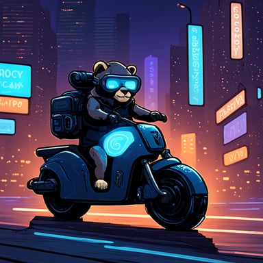 A go blue gopher in a cyberpunk city, riding a neon-lit hoverbike.