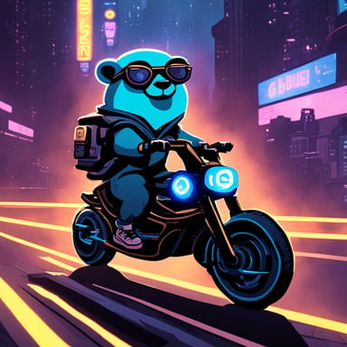 A go blue gopher in a cyberpunk city, riding a neon-lit hoverbike.