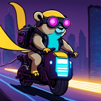 A go blue gopher in a cyberpunk city, riding a neon-lit hoverbike.