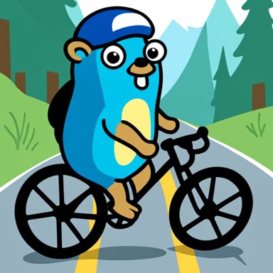 A go blue gopher sitting on a road bike cycling.