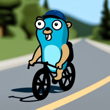 A go blue gopher sitting on a road bike cycling.