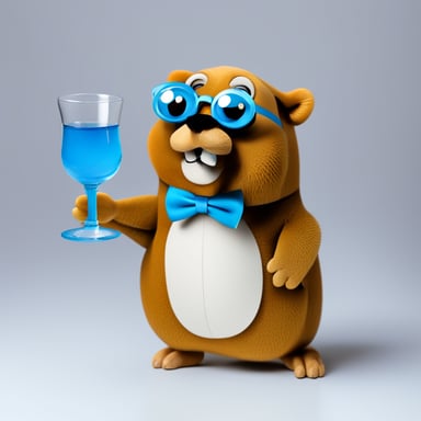 Go Blue Gopher reads paper in glass on white background.