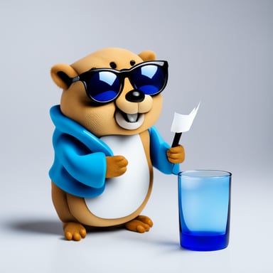 Go Blue Gopher reads paper in glass on white background.