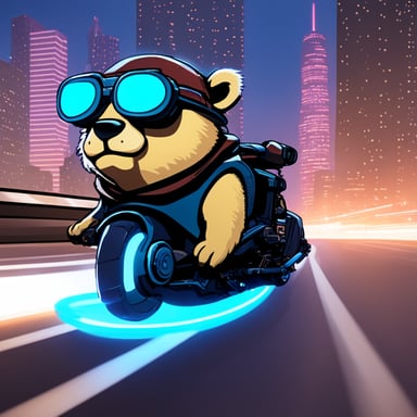 A go blue gopher in a cyberpunk city, riding a neon-lit hoverbike, showcases an image that looks like a real photo.