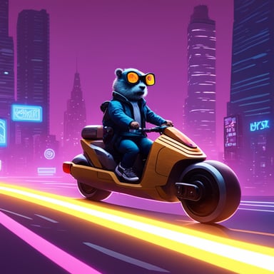 A go blue gopher in a cyberpunk city, riding a neon-lit hoverbike, showcases an image that looks like a real photo.