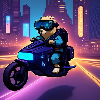 A go blue gopher in a cyberpunk city, riding a neon-lit hoverbike, showcases an image that looks like a real photo.