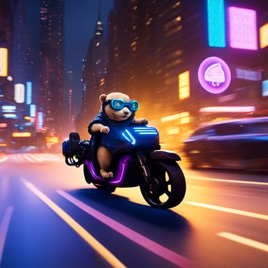 A go blue gopher in a cyberpunk city, riding a neon-lit hoverbike, showcases an image that looks like a real photo.