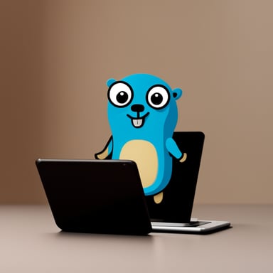 Go Blue Gopher sitting in front of an iPad.