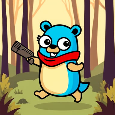 Go Blue Gopher frolics in the forest with a file.