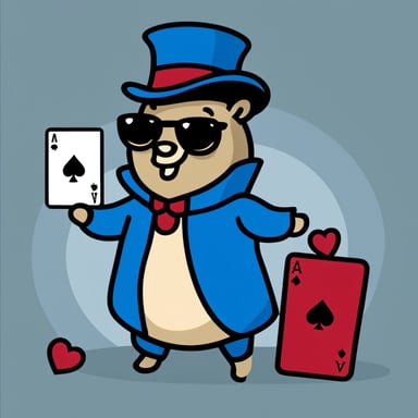 Go Blue Gopher wearing a magician suit with a deck of cards