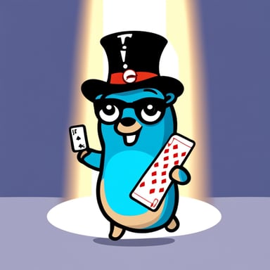 Go Blue Gopher wearing a magician suit with a deck of cards