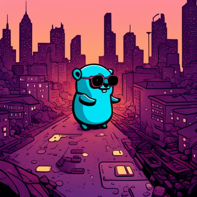 A go blue gopher in a cyberpunk city, hearing music