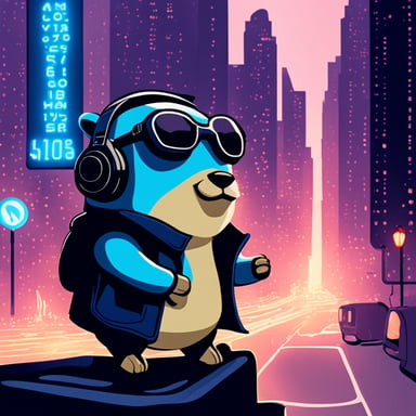 A go blue gopher in a cyberpunk city, hearing music