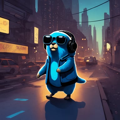 A go blue gopher in a cyberpunk city, hearing music