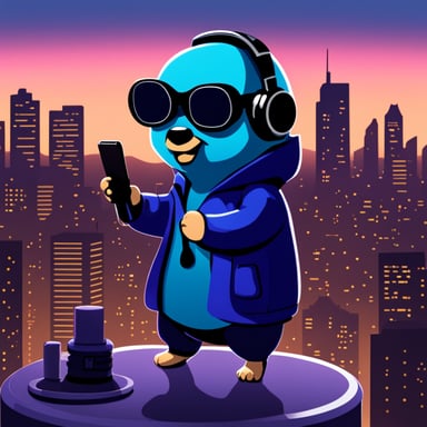 A go blue gopher in a cyberpunk city, hearing music